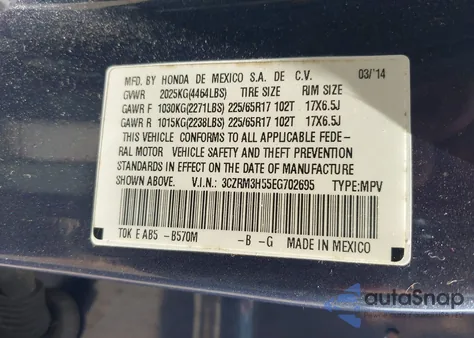 2014 Honda Cr-V Ex from USA, damaged, VIN 3CZRM3H55EG702695